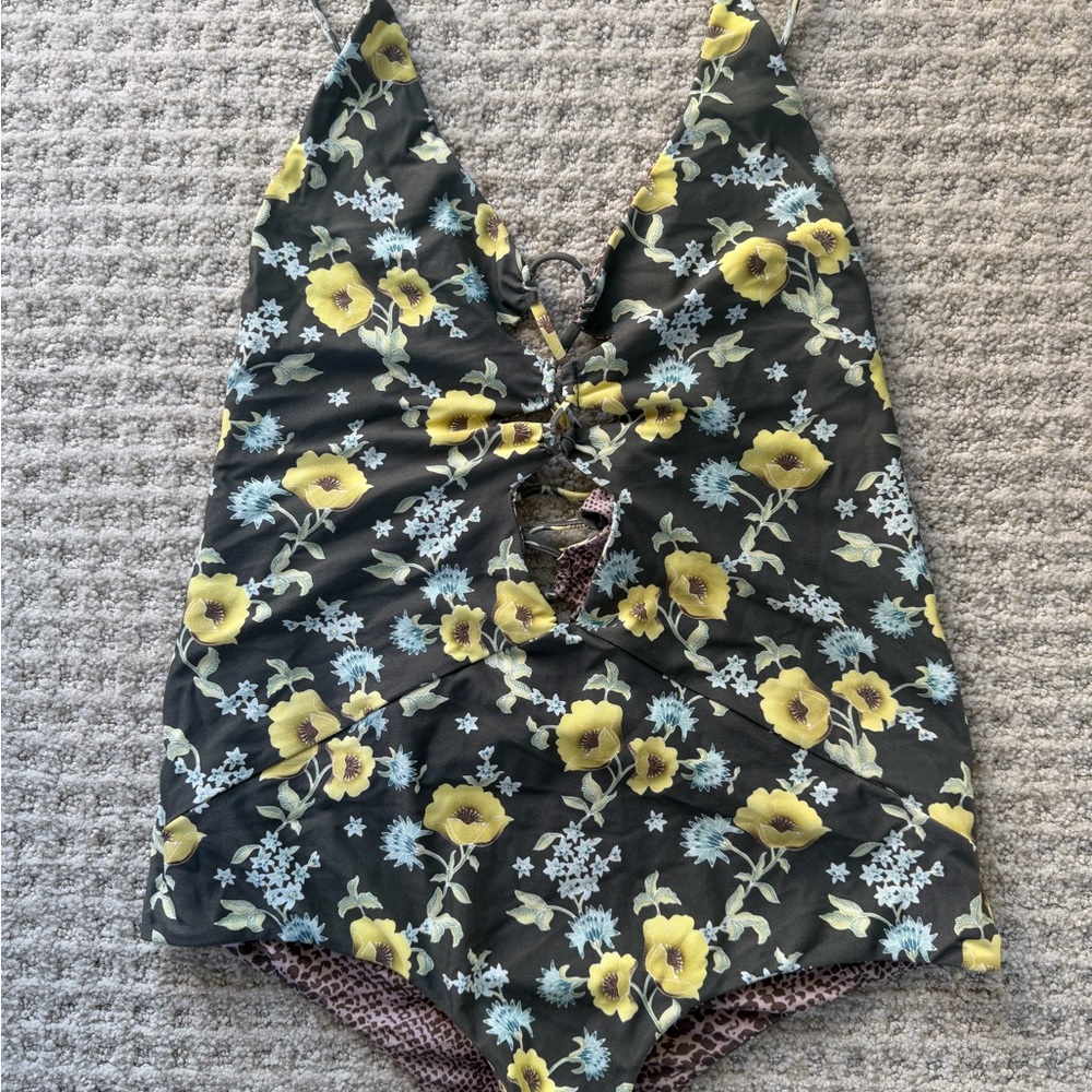 acacia swimwear Black Floral One-Piece Swimsuit with Yellow Flowers